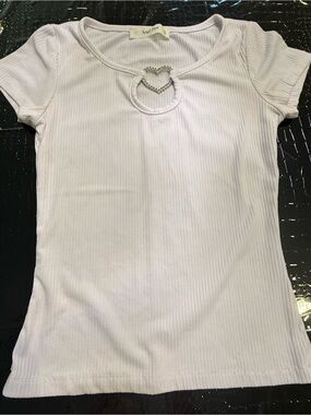 Girls' Ribbed Short Sleeve Top with Heart Cutout - White
